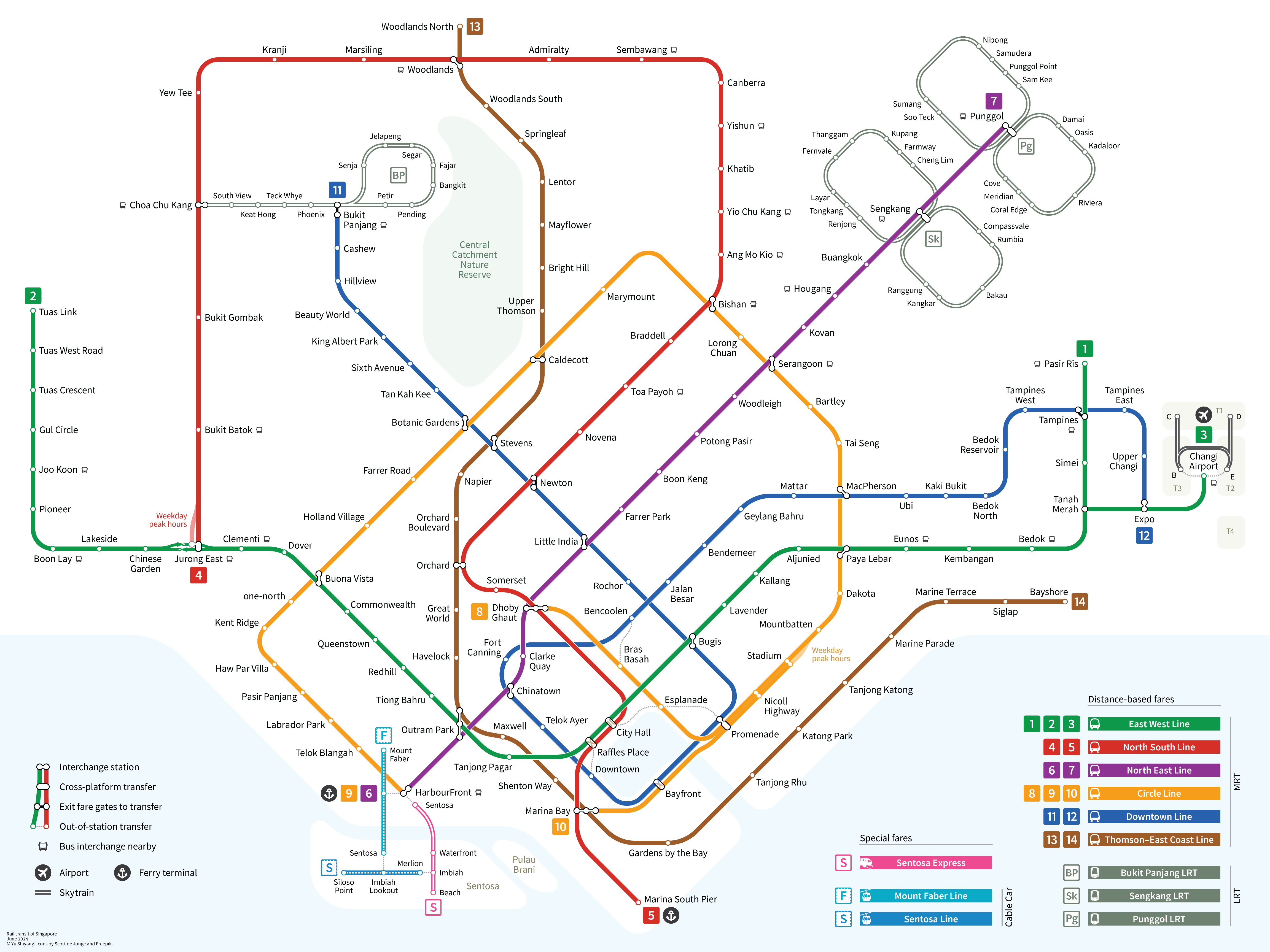 A schematic transit map showing the public rail transit network in Singapore.